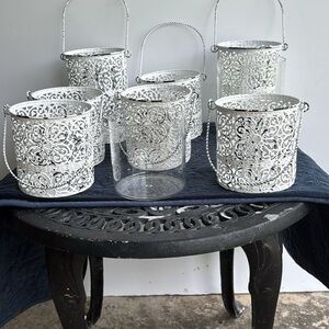 Set of 7 Decorative White Washed Filigree Lanterns with Glass Inserts Like New